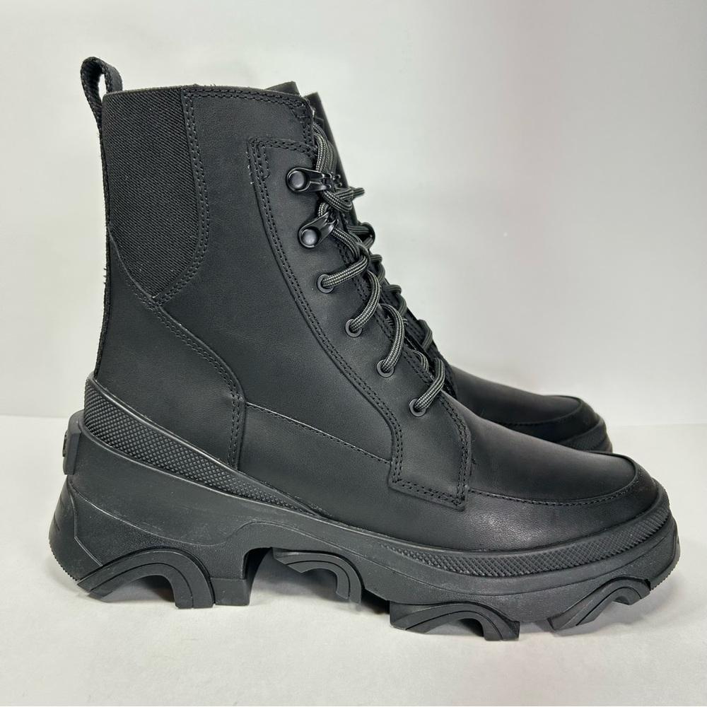 Sorel Brex Lace Combat Boots Waterproof Women's Size 8.5 Triple Black Leather VG